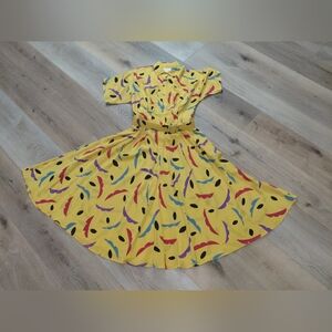 Vibrant Silk Studio Yellow Maxi Dress with Multicolor Patterns Sz 10 Short Sleev